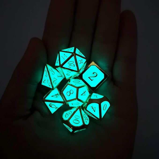 Haxtec Glow in The Dark Glowing Blue Metal Dice Set D&D W/Dragon Dice Bag 7PCS - Image 7