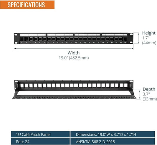 Tecmojo UL Listed 1U 24-Port Blank Keystone Patch Panel, Unshielded UTP - Image 2