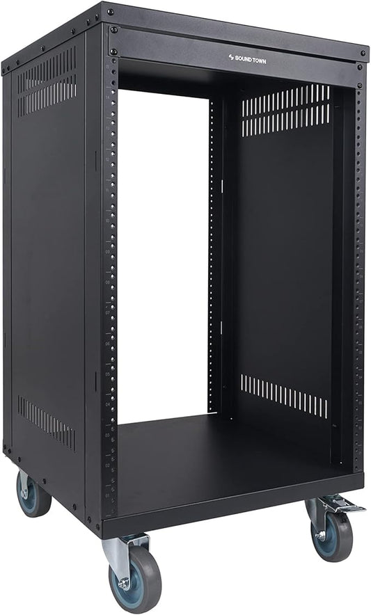 Sound Town 16U Universal Steel Rack, w/Mesh Doors, Locking Casters, Vented Side - Image 2