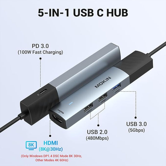 MOKiN USB C Hub, 5 in 1 USB CMultiport Adapter 8K HDMI, 100W PD, 3 USB-A Data - Image 2