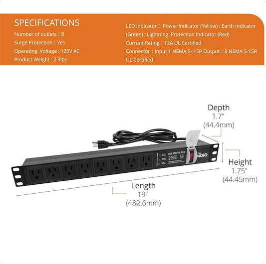 Tecmojo 1U Rack-Mount Horizontal 8-Outlet Power Strip UL Listed PDU - Image 2