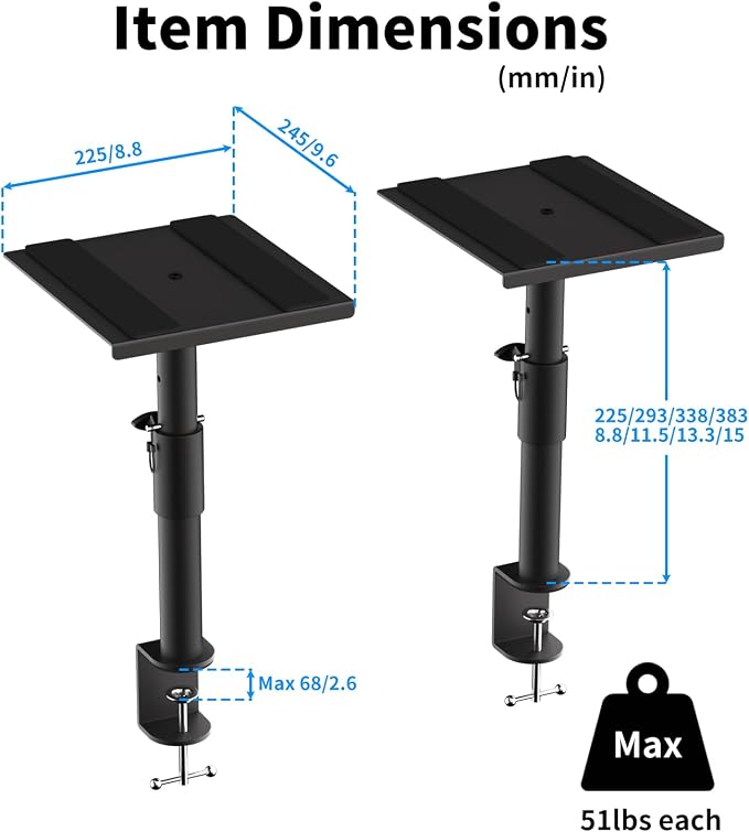 suptek Clamp-on Speaker Stand Desk Mount Set, Height Adjustment, 9.6 x 8.8 inch - Image 8