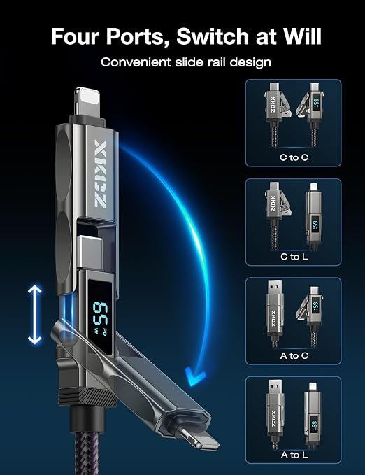 4 in 1 USB C Cable with Wattage Display, 65W Round Nylon Braided Multi Charging - Image 2