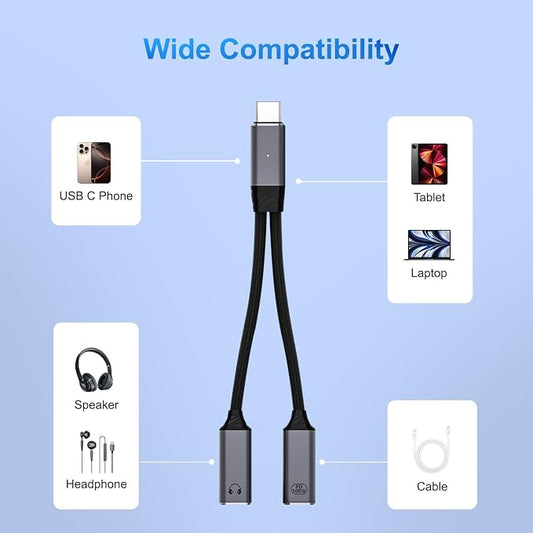 USB C Splitter,2 in 1 USB C Headphone and Charger Adapter Audio Dongle Cable - Image 2