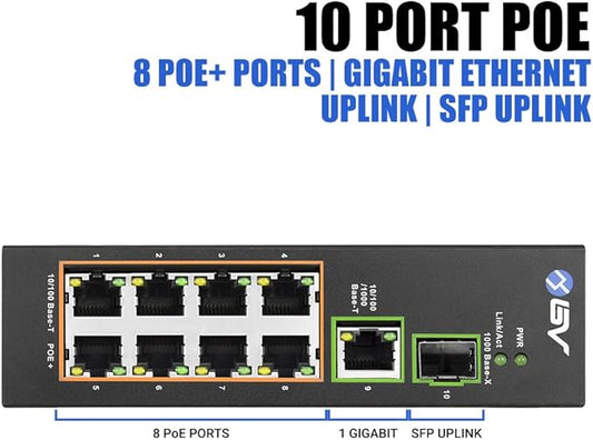 BV-Tech 8-Port Industrial PoE+ Switch | 2X 90W BT, Gigabit Uplink & SFP | PoE - Image 2