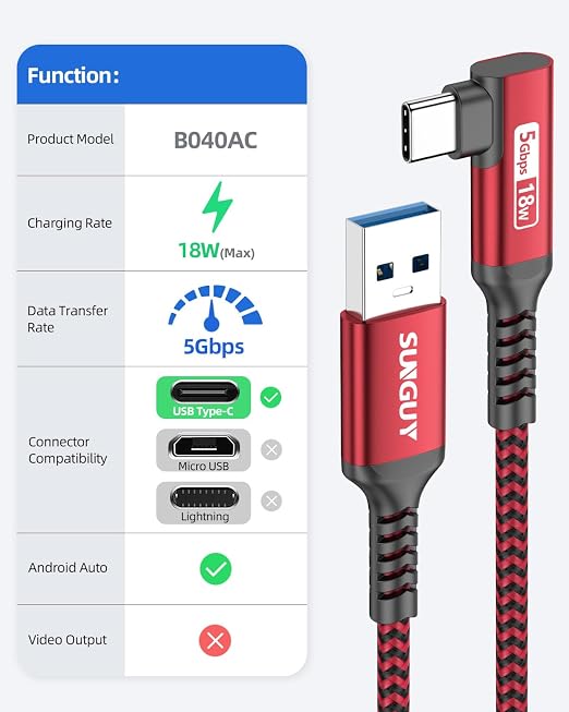 SUNGUY USB C Cable Right Angle 10FT, 5Gbps USB 3.0 to USB C Data Cable - Image 2