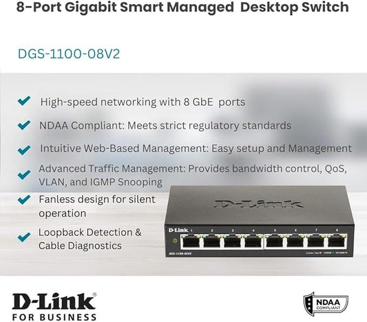 D-Link 8-Port Gigabit Smart Managed Ethernet Switch, IGMP Snooping, Sturdy Metal - Image 2