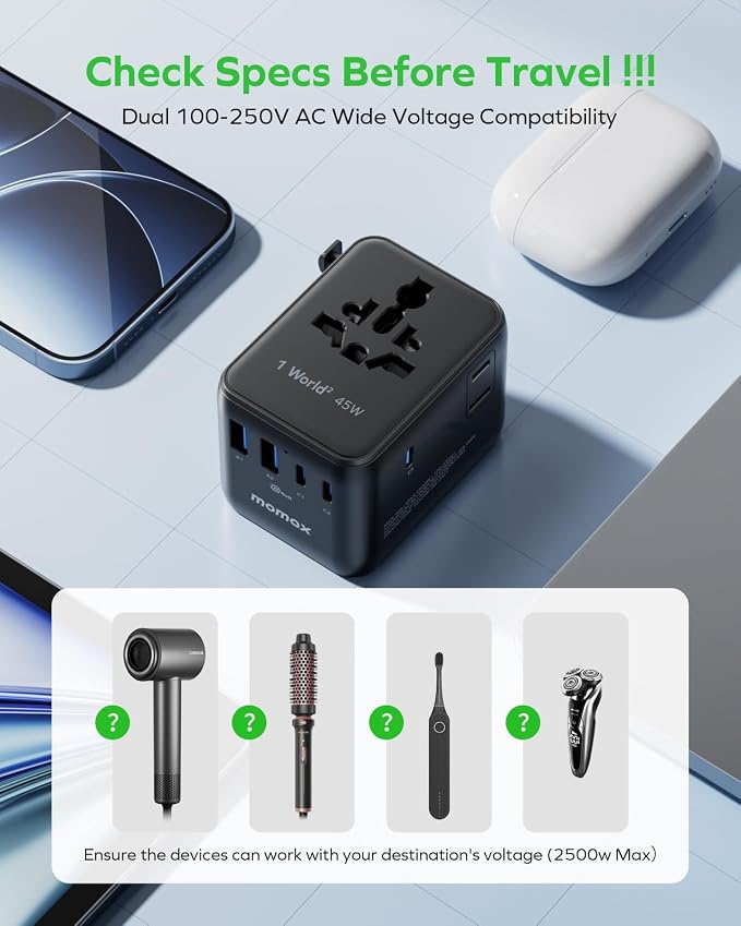 MOMAX Universal Travel Adapter, GaN PD 45W Fast International Power Adapter - Image 8
