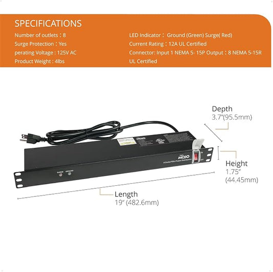 Tecmojo 1U Rack-Mount Horizontal 8-Outlet Power Strip UL Listed PDU - Image 2