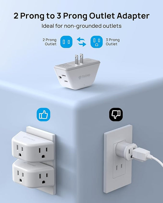 TROND 2 Prong to 3 Prong Outlet Adapter 2 Pack, 3-Way Angled Wall Extender - Image 2