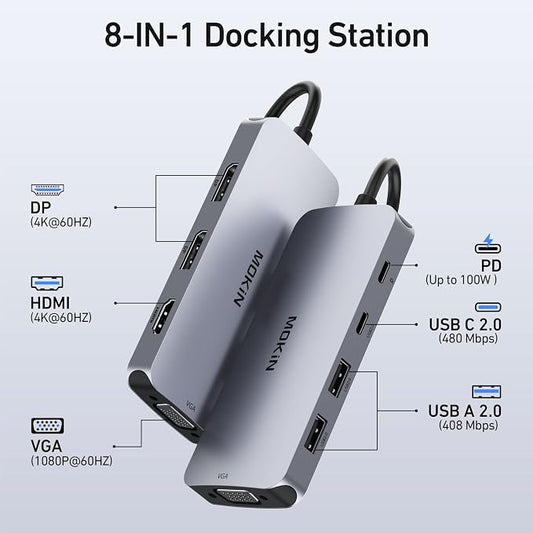 USB C Docking Station Dual DisplayPort, 8 in 1 USB Hub - Image 2
