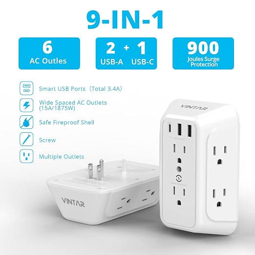 USB Wall Charger, Surge Protector, 6 Outlet Extender - Image 2