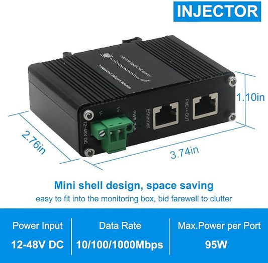 Industrial PoE++ Gigabit Injector 12-48VDC Input - Image 2