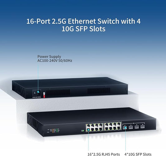 16 Port 2.5G Network Ethernet Switch, 16 x 2.5Gb RJ45 Ports, 4 x 10G SFP Slots - Image 2