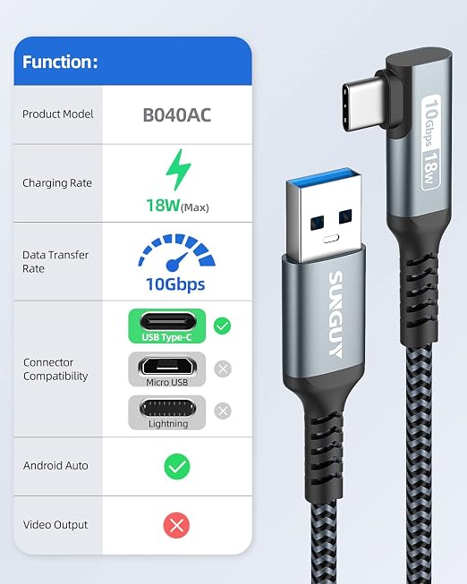 SUNGUY USB C Android Auto Cable 5FT, 3A USB C 3.1 Gen 2 to USB Cable 10Gbps - Image 2