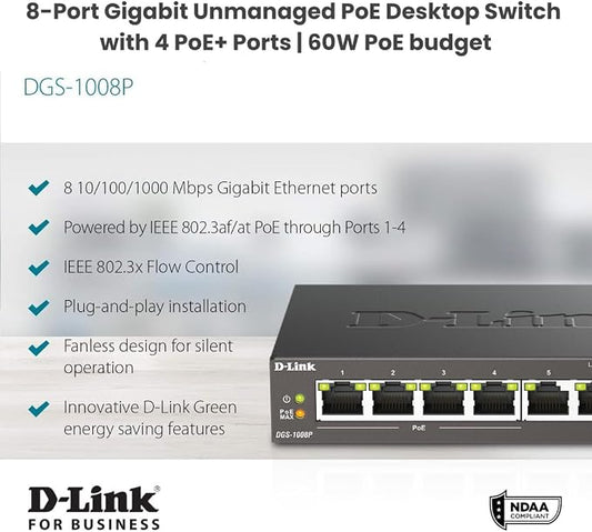 D-Link 8-Port Gigabit Unmanaged PoE+ Ethernet Switch, - Image 2