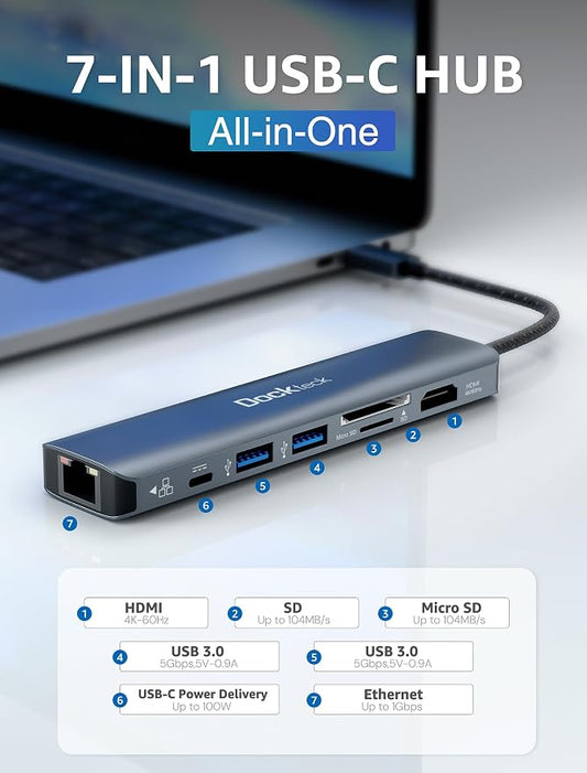 dockteck 7-in-1 USB C Hub with 4K 60Hz HDMI, 1Gbps Ethernet, 100W Power Delivery - Image 2