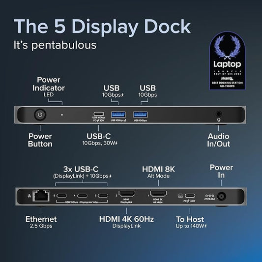 Plugable USB C Docking Station 5 Monitors, 140W DisplayLink Dock Connects up to - Image 2