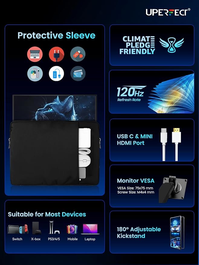 UPERFECT Portable Monitor 18.5-inch 120HZ 100% sRGB 1080P w/VESA & Stand 180° - Image 8