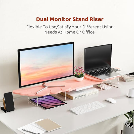 Dual Monitor Stand Riser, Wing-Shaped Sturdy Desktop Computer Wood Stand - Image 2
