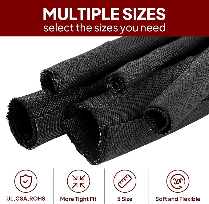 Black Braided Cable Management Sleeves Wire Loom Tubing Cord Protector - Image 9