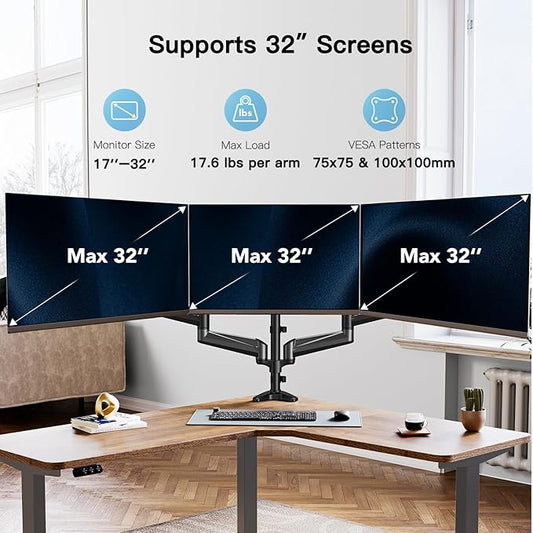 HUANUO Triple Monitor Mount for 17 to 32 inch Screens, Gas Springs Adjustment - Image 2