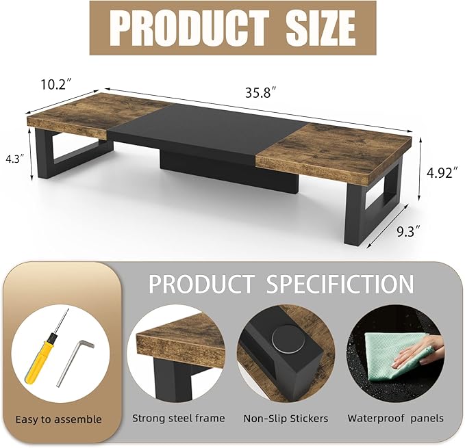WESTREE Dual Monitor Stand Riser, Wood and Steel Monitor Stand Riser, Computer - Image 6