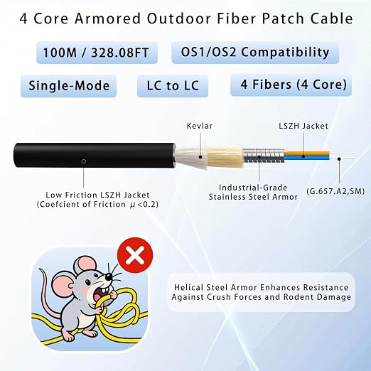 100M/328FT Outdoor Armored LC to LC Fiber Optic Cable, 4 Core OS2 Single Mode - Image 2