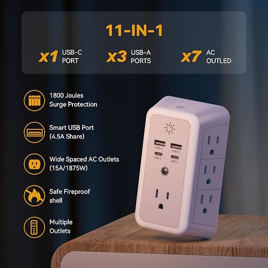 Multi Plug Outlet, USB Wall Charger, Surge Protector, 7 Outlet Extender - Image 2