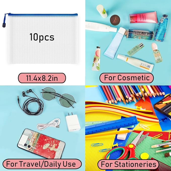 AUSTARK 10 Pcs Zipper File Bags, Waterproof Plastic Mesh Pouch - Image 7
