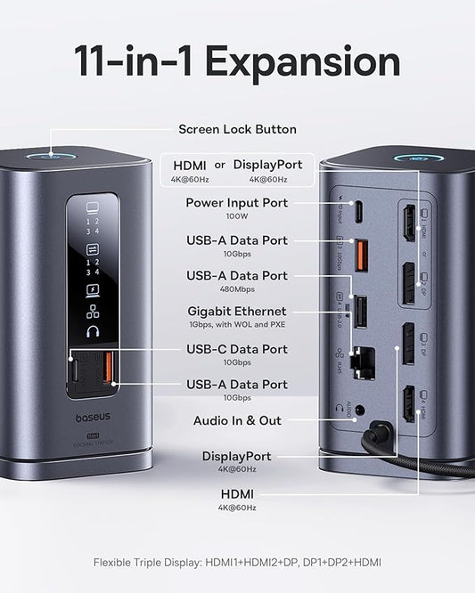 Baseus Laptop Docking Station, 11 in 1 Triple 4K Display HDMI/DP, 10Gbps USB - Image 2