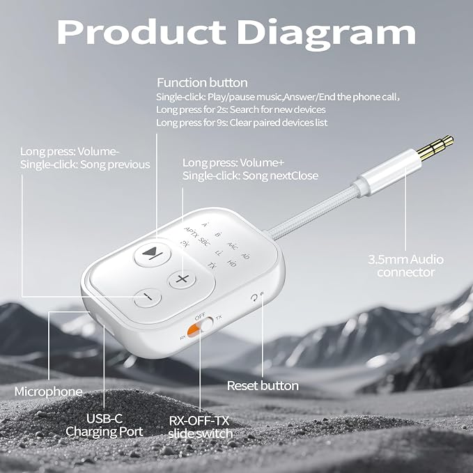 Bluetooth Wireless Transmitter/Receiver Adapter, Supports 2 Headphones,2-in-1 - Image 7