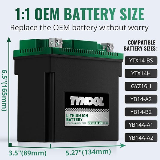 TYKOOL YTX14AH-BS-STD, LiFePO4 Lithium Motorcycle Battery, 12.8V 7Ah, 5X Longer - Image 2