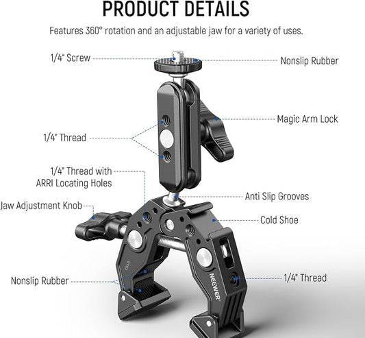 NEEWER Super Clamp with 3" Dual Ballhead Magic Arm, Cold Shoe, 1/4" Threads - Image 2
