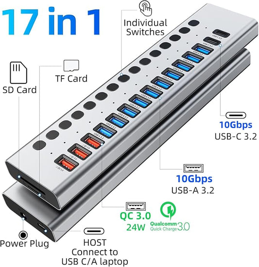 Powered USB Hub 10Gbps, 17 Ports 96W USB 3.2 Hub, 12V/8A Power Adapter - Image 2