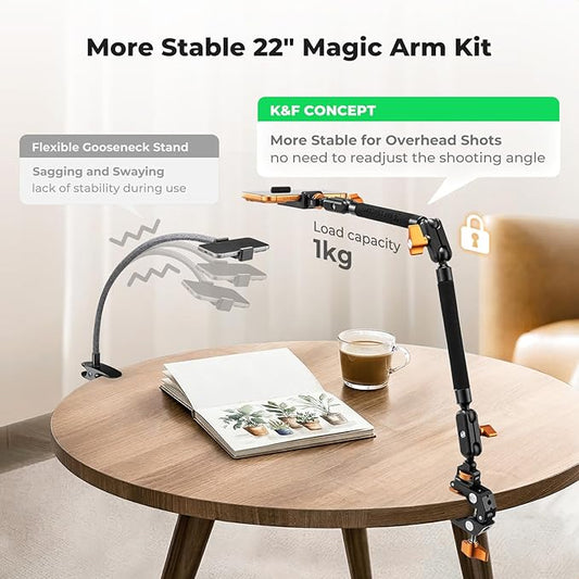 K&F CONCEPT 22" Magic Arm Clamp Kit, Overhead Desk Camera Mount, Long - Image 2