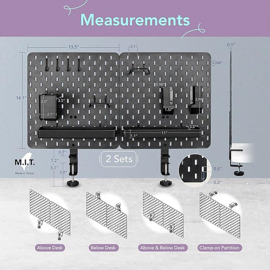 EHO Clamp-On Desk Pegboard, Desk Partition Panel, No-Drill Desk Mounted Peg - Image 2