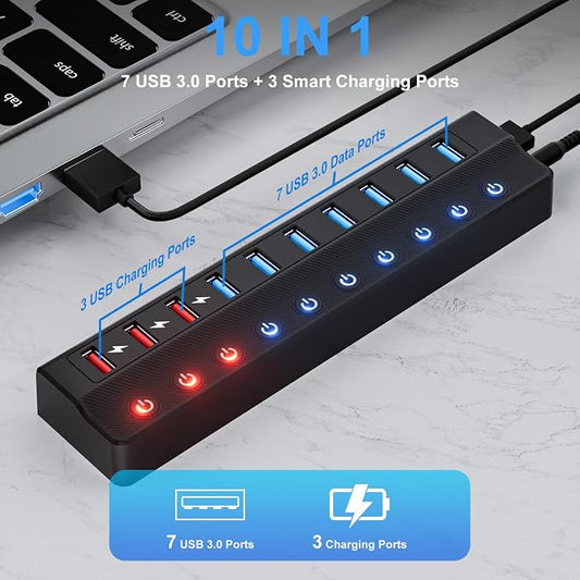 Powered USB Hub, 10-Port USB Splitter Hub - Image 2
