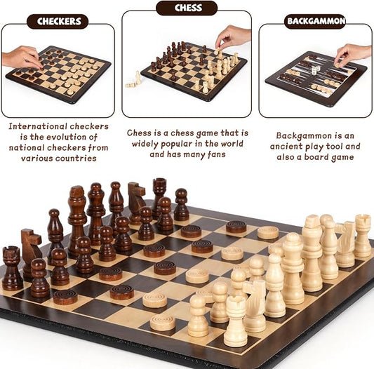 3-in-1 Wooden Chess, Backgammon Set and Checkers Set- 12 Inch Portable Board - Image 2