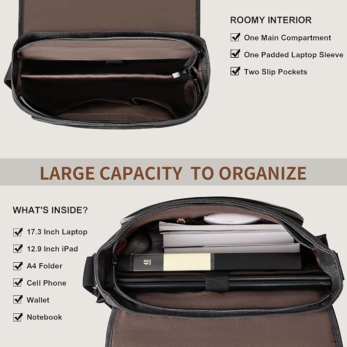 ESTARER Men's Messenger Bag 17.3 Inch Upgraded, Water-resistant Canvas Laptop - Image 7