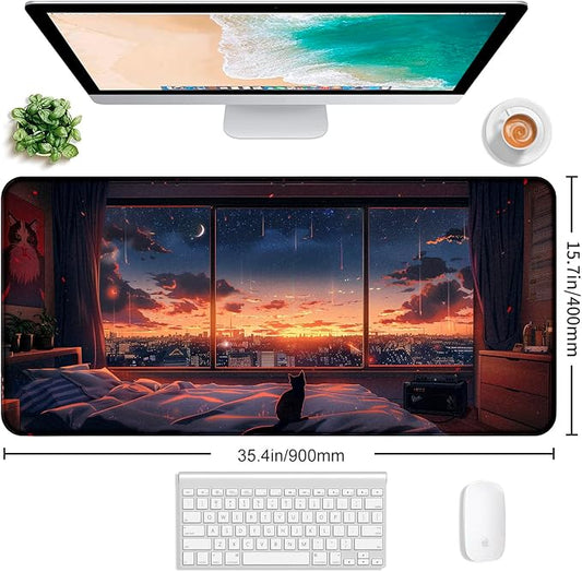 Anime Cat Fantasy Window Mouse Pad, Summer Mouse Pad Large Healing Night Scene - Image 2