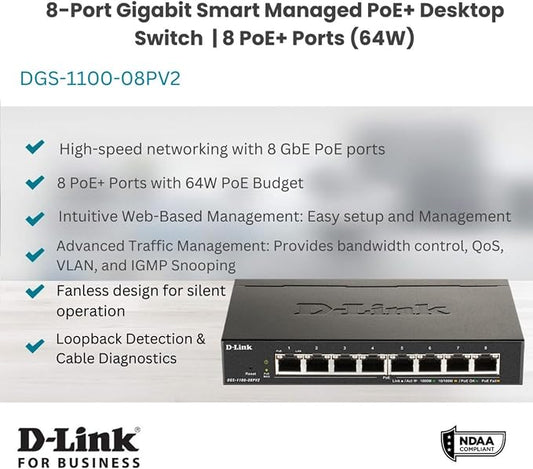 D-Link 8-Port Gigabit Smart Managed PoE+ Ethernet Switch, IGMP Snooping - Image 2