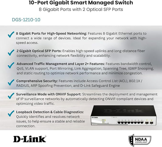 D-Link 10-Port Gigabit Smart Managed Switch | 8 GbE + 2 SFP Ports | L2+ | VLANs - Image 2
