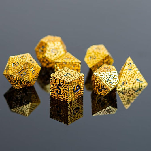 Golden Metal Hollow DND Dice Set Metallic Luster Maze Design - Image 2
