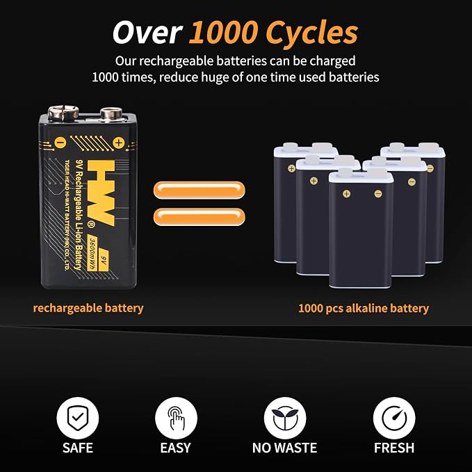 HW 9V Batteries, 3600mWh Rechargeable 9 Volt Battery - Image 8