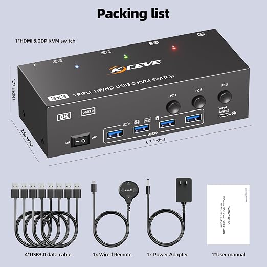 KVM Switch 3 Monitors 3 Computers 8K@60Hz 4K@144Hz, HDMI Dispalyport Triple - Image 8
