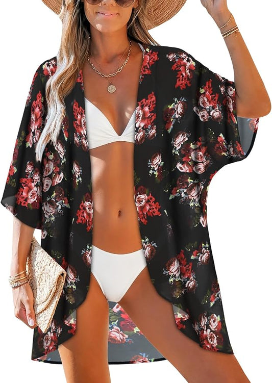 Women's Floral Print Puff Sleeve Kimono Cardigan Loose Cover Up Casual Blouse - Image 2