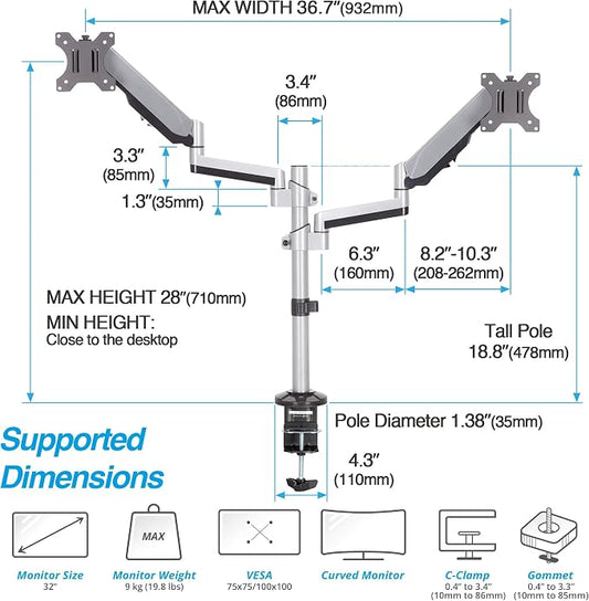 AVLT Dual 17"-32" Stacked Monitor Arm Desk Mount - Image 2