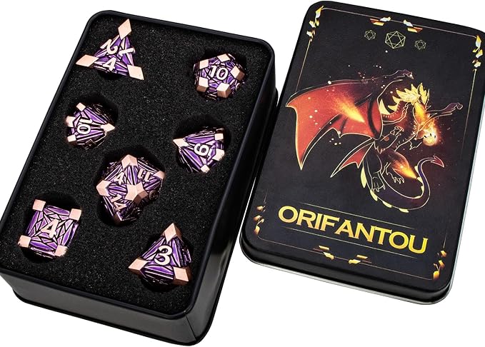 7PCS Metal DND Dice Set with Box, Debris RPG Purple D and D Dice - Image 6