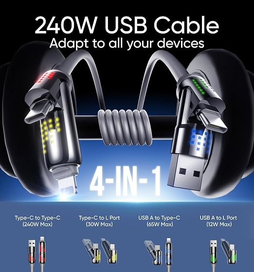 MAGIC JOHN 240W 4 in 1 Charging Cable, 6.6FT USB C to Lightning Cable, Chubby - Image 2
